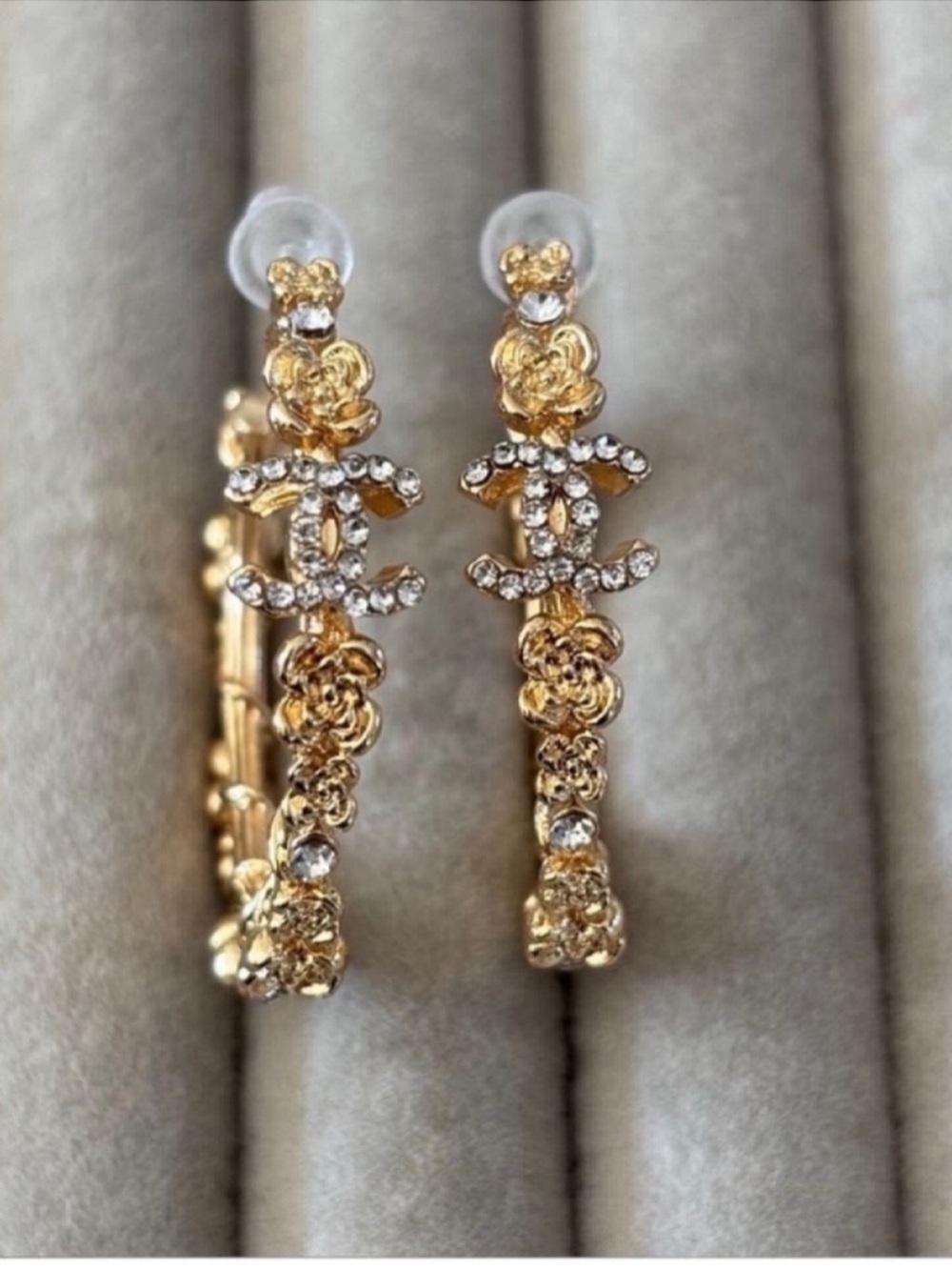 CHANEL 18K Gold Plated Crystal Camellia CC Earrings